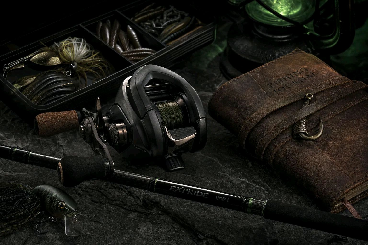 Fishing reel, rod, and journal arranged on a dark tabletop