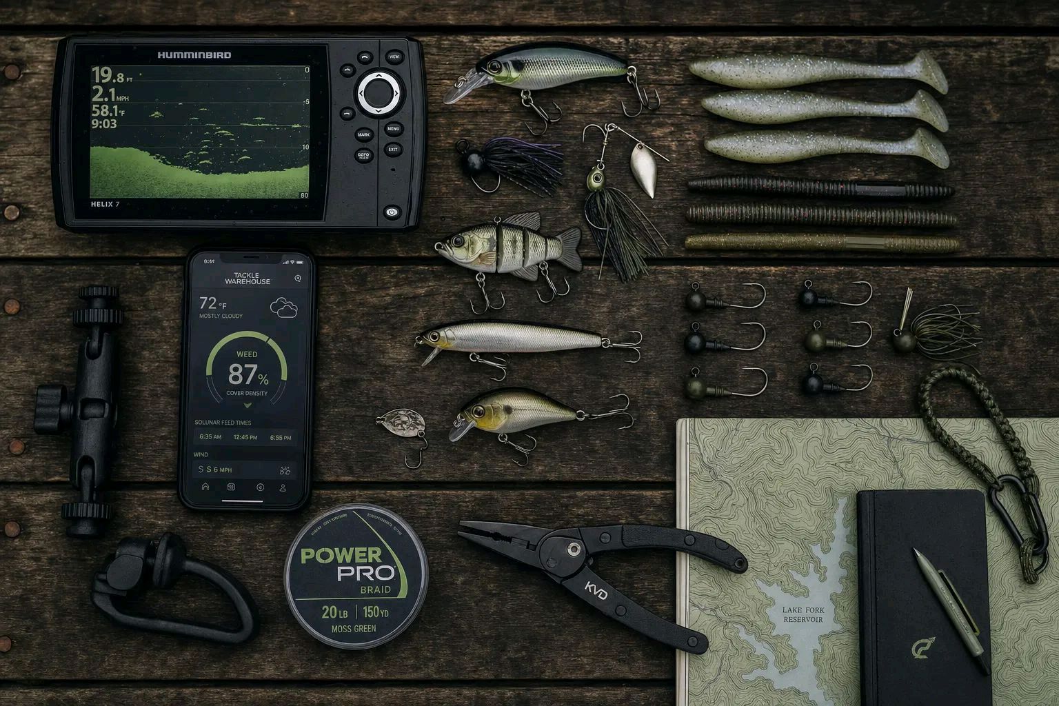 Fishing electronics and tackle arranged on a wooden table